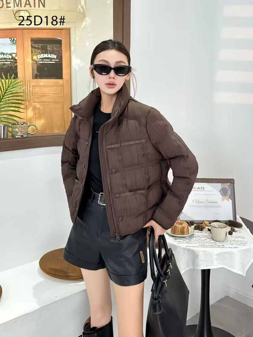 常规保暖短款格子女简约立领女装POLO领厚款空气绒高端棉服