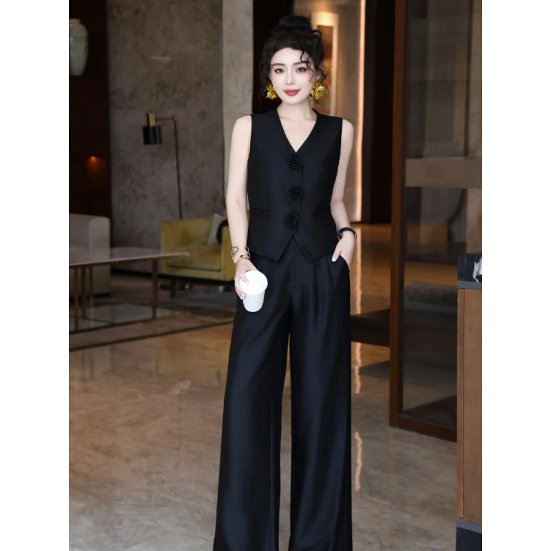 欧货V领无袖立体花马甲套装女2025夏季新款阔腿裤气质职业两件套