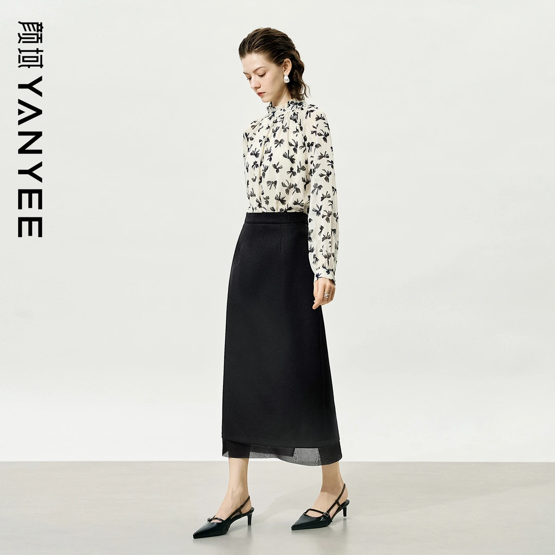 颜域黑色雪纺半身裙女长款显瘦通勤气质女士职业裙子10A251492