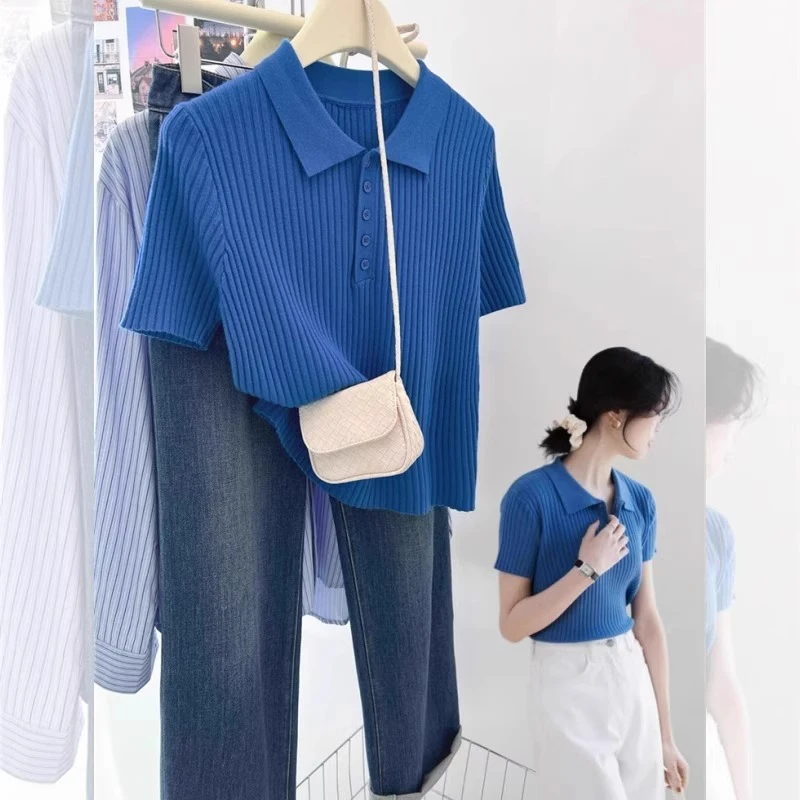 芯娇晴蓝色针织polo衫冰丝短袖t恤女夏修身薄款独特短款正肩上衣