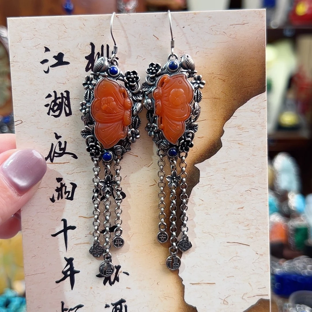 玛瑙银S925镶嵌挂件耳环