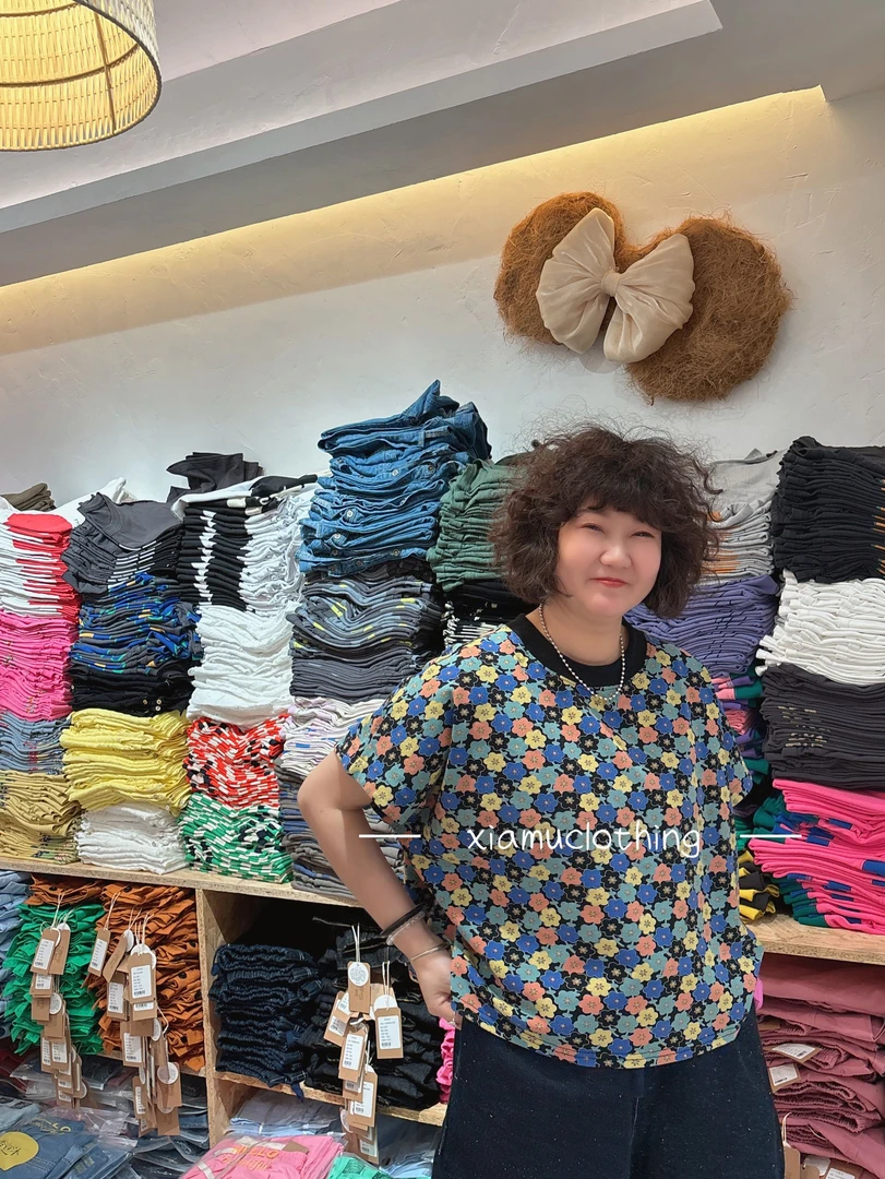 夏沐家满印小花朵洋气宽松棉T恤358