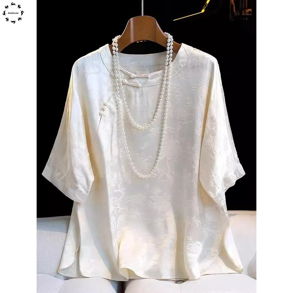 大码300斤胖妹妹新中式复古国风短袖衬衫女夏装盘扣气质衬衣上衣2