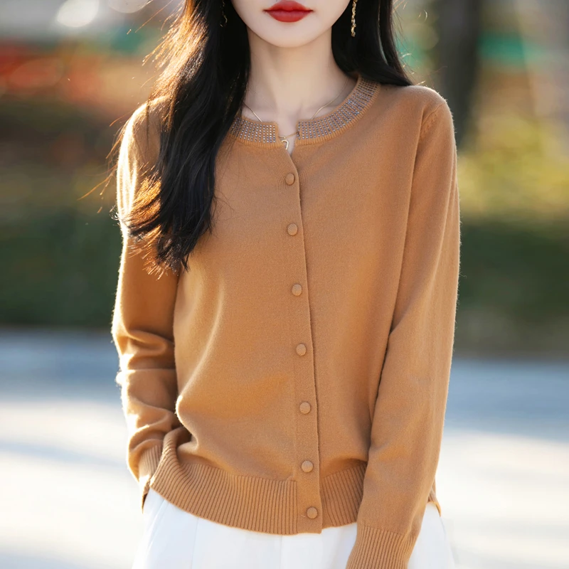 【早秋新款】高温烫钻圆领针织衫减龄百搭开衫显瘦打底毛衣