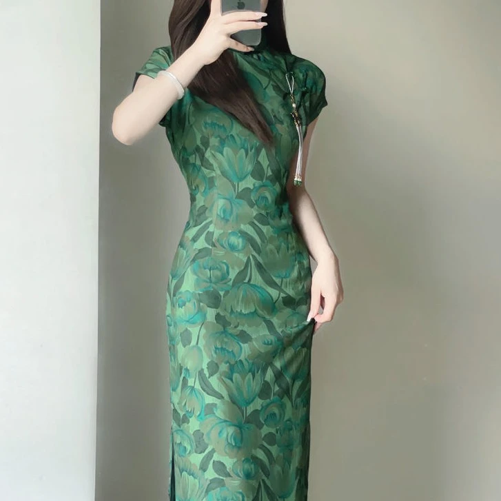 【9289】改良印花旗袍年轻款少女复古民国风气质高贵收腰长款老上海