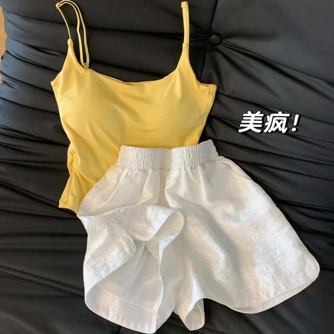 韩版纯色简约带胸垫吊带睡衣女大码短裤家居服套装可外穿夏季新款