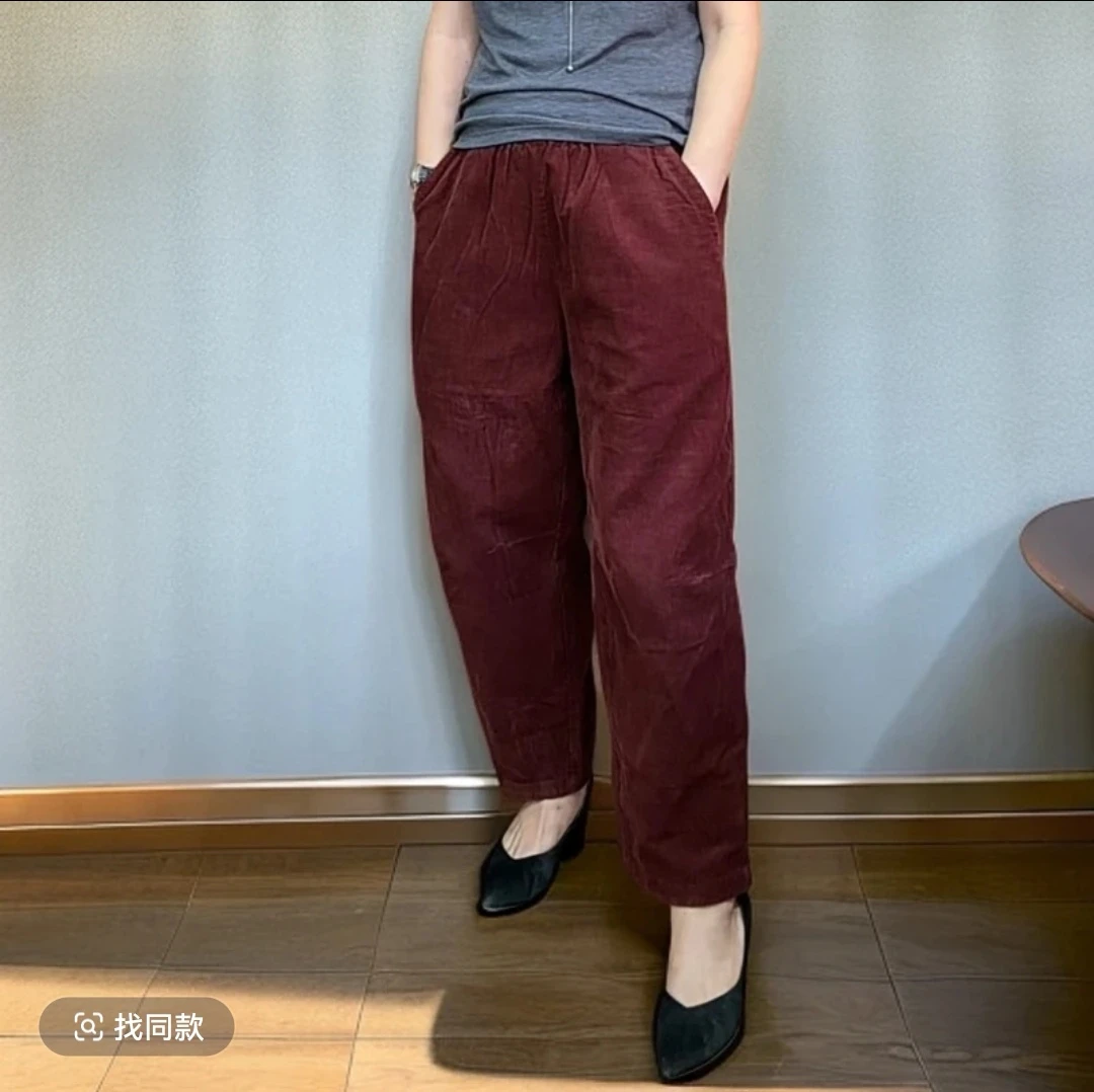 新款休闲宽松复古外穿秋冬舒适条绒刺绣松紧腰气球裤5299