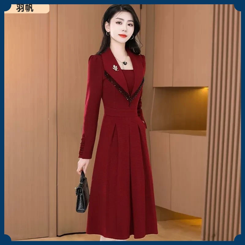 1高端气质西装领长袖连衣裙女2025秋季时尚收腰显瘦中长款a字裙I