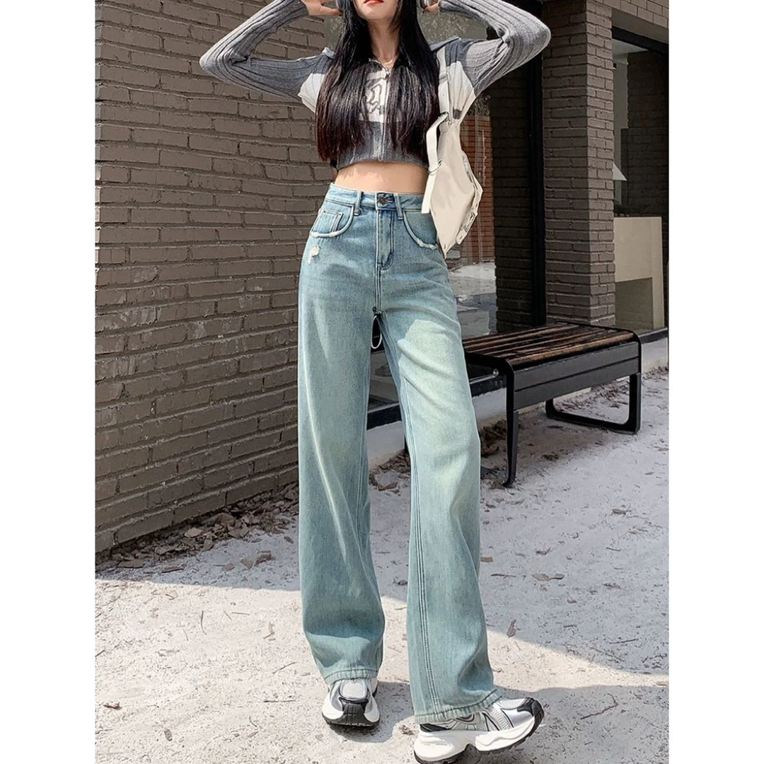 【新款推荐】阔腿牛仔裤女2025春韩系高腰遮胯显瘦百搭复古8871#0.1