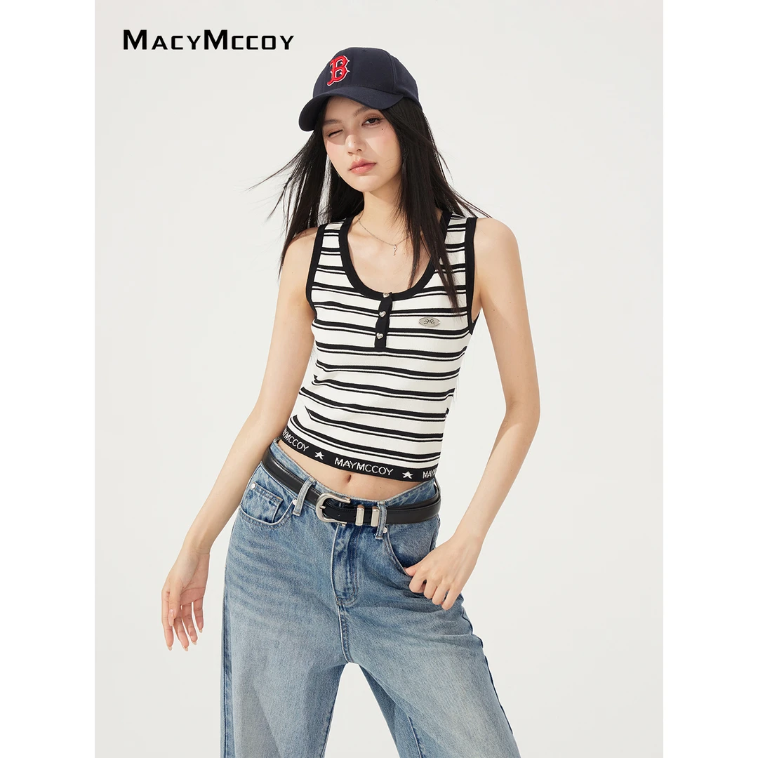 【熊小姐专享】MacyMccoy条纹针织背心女夏U领无袖冰丝显瘦上衣