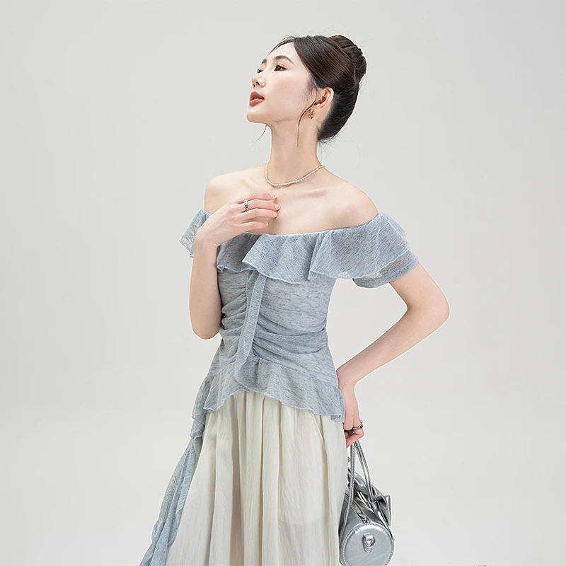蓝色一字肩荷叶边短袖T恤女夏季新款不规则飘带薄款微透露肩上衣