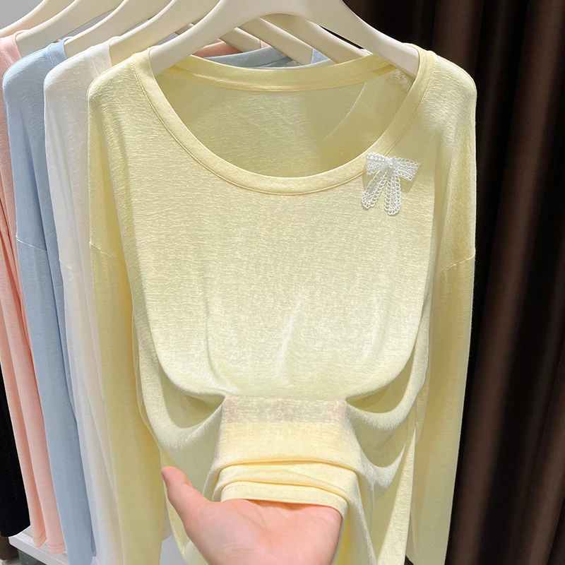 黄色甜美多巴胺冰丝针织防晒罩衫上衣T恤女夏大圆领蝴蝶结打底衫