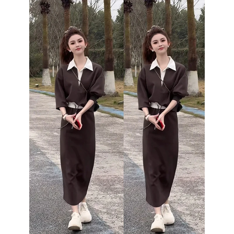 拉夏贝尔街头时尚套装女2025年春秋新款假两件上衣半裙休闲两件套