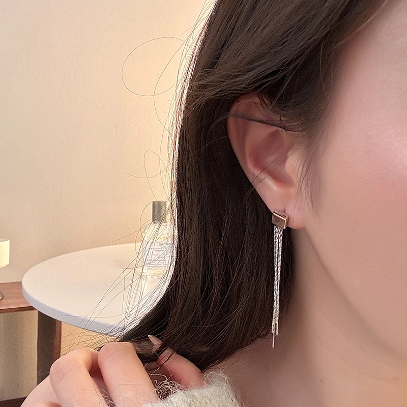 925银耳饰 8048流丝瀑布耳饰轻奢欧美百搭简约长款个性冷淡风网红