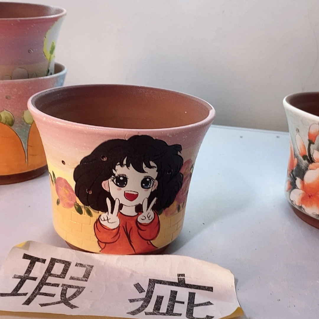 紫砂花盆红陶手绘花盆