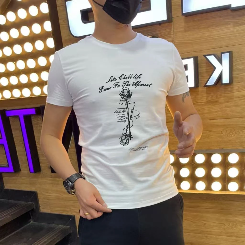 2025新款男士个性短袖T恤韩版潮流时尚百搭休闲高端圆领纯棉上衣