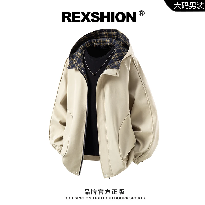 REXSHION秋季新款格纹拼接连帽夹克男韩系复古潮流休闲宽松外套那