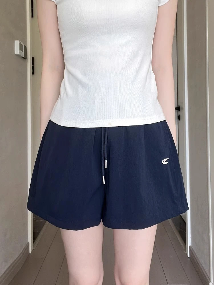 大码300斤藏青色刺绣抽绳短裤女夏季高腰宽松休闲运动速干工装裤