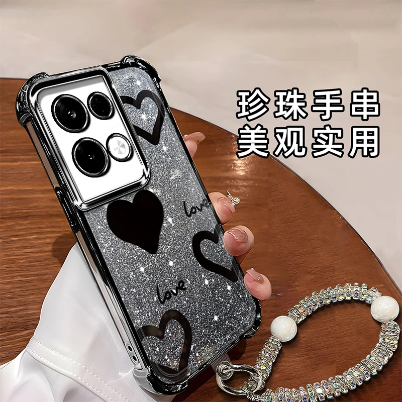 适用于【OPPO】Reno8时尚简约黑色爱心高级感硅胶电镀防摔手机壳