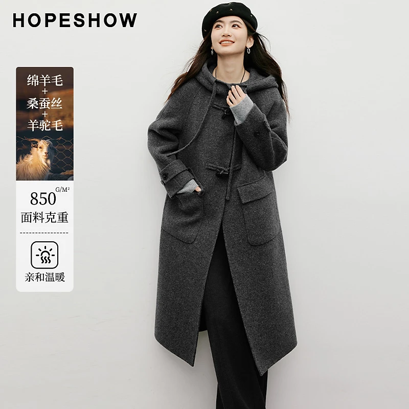 红袖2025冬女装 复古学院风牛角扣连帽插肩双面呢大衣90125370802