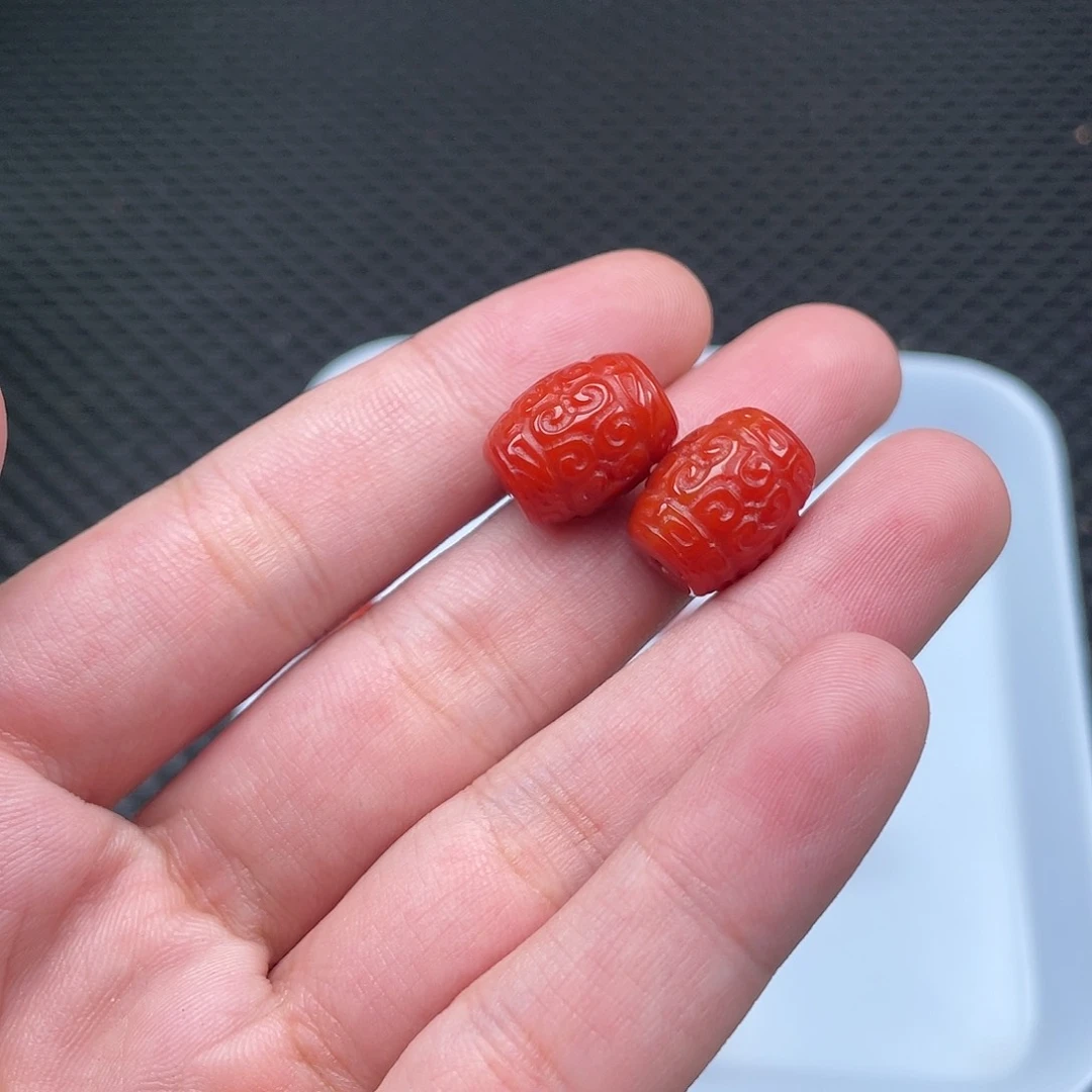 南红玛瑙12*15柿子红回纹桶珠一组2颗未镶嵌