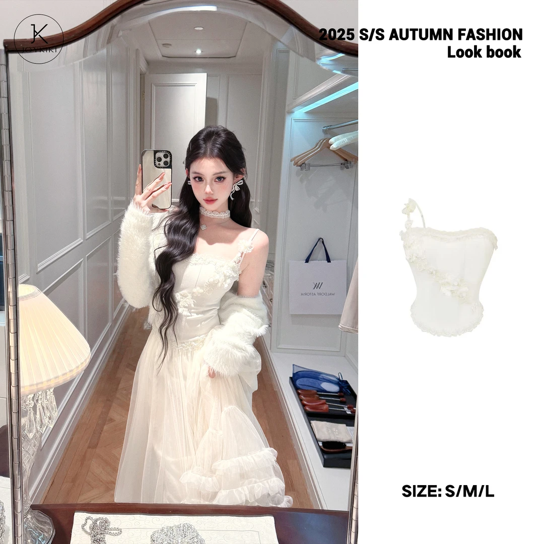 JOY KIKI金金【安妮挚爱】斜肩纯欲高级感立体花朵蕾丝套装J25c470