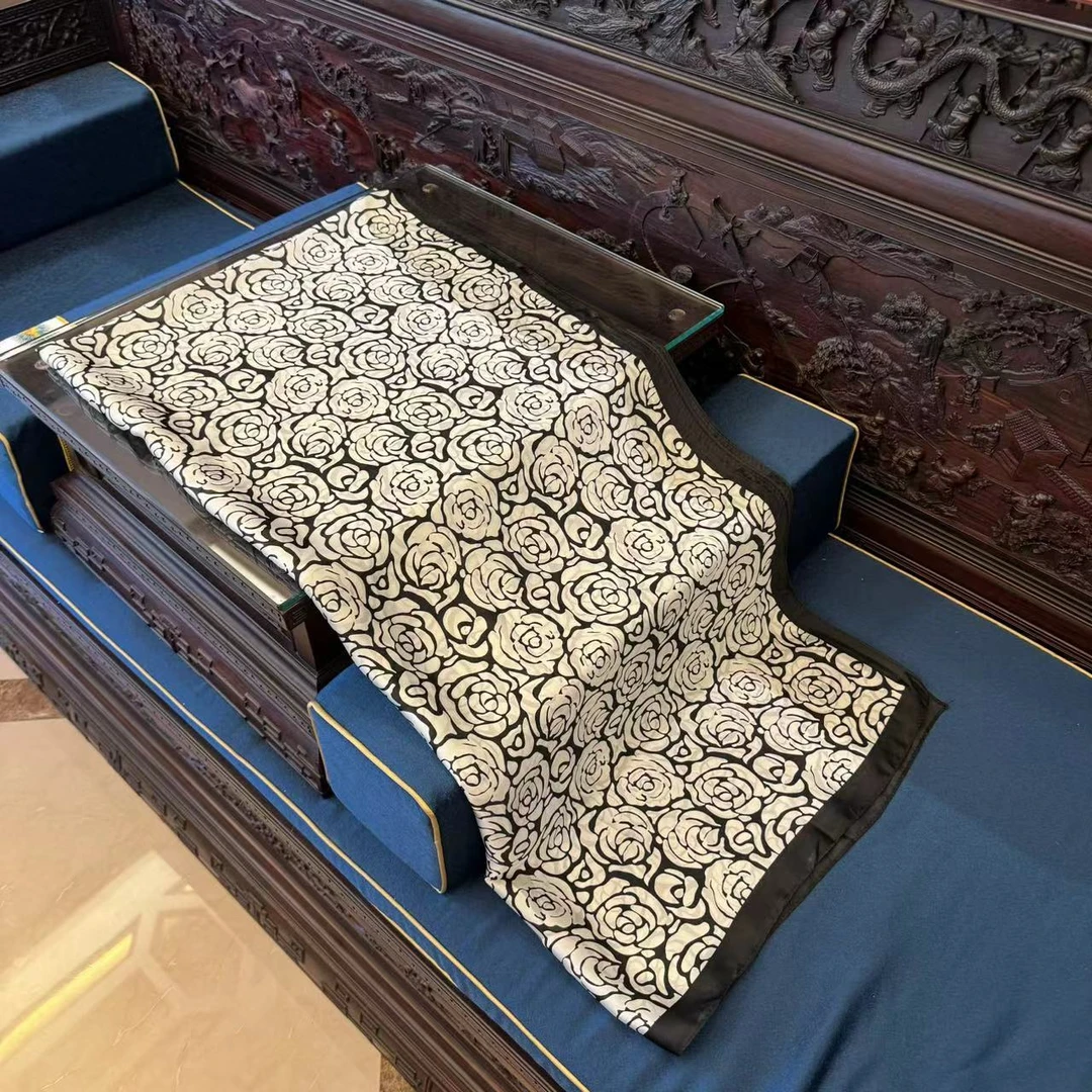 长卿【山茶花】高级百搭丽锦缎国风轻奢高定丝巾 70*180（S014）