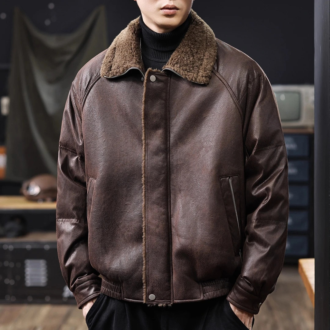 美式复古做旧仿羊羔绒翻领夹克男2025冬季新款加绒加厚皮衣外套潮