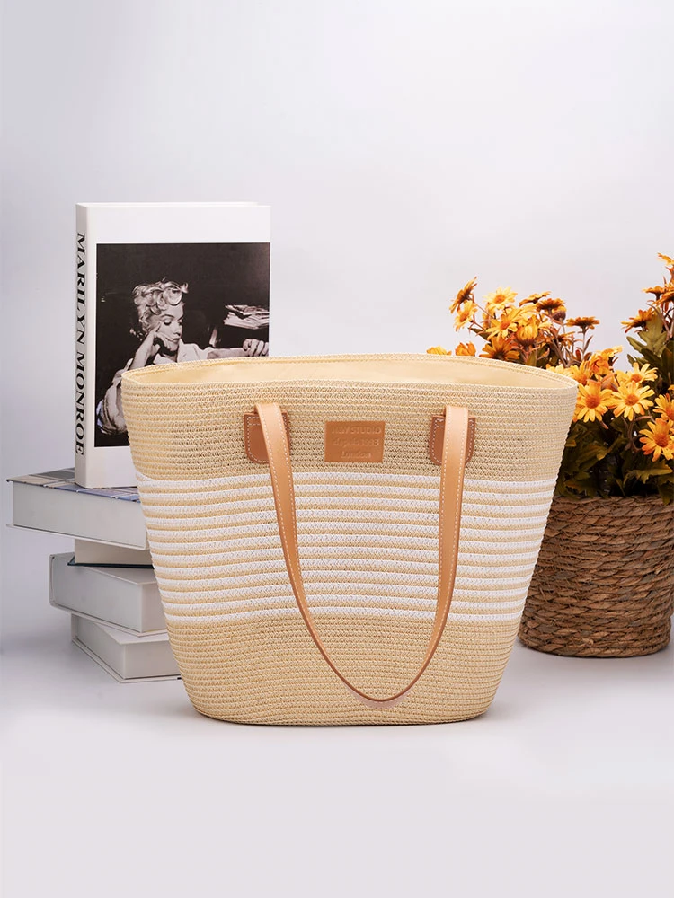 白细条纹大容量草编包立体编织包单肩托特包通勤旅游沙滩包包女款