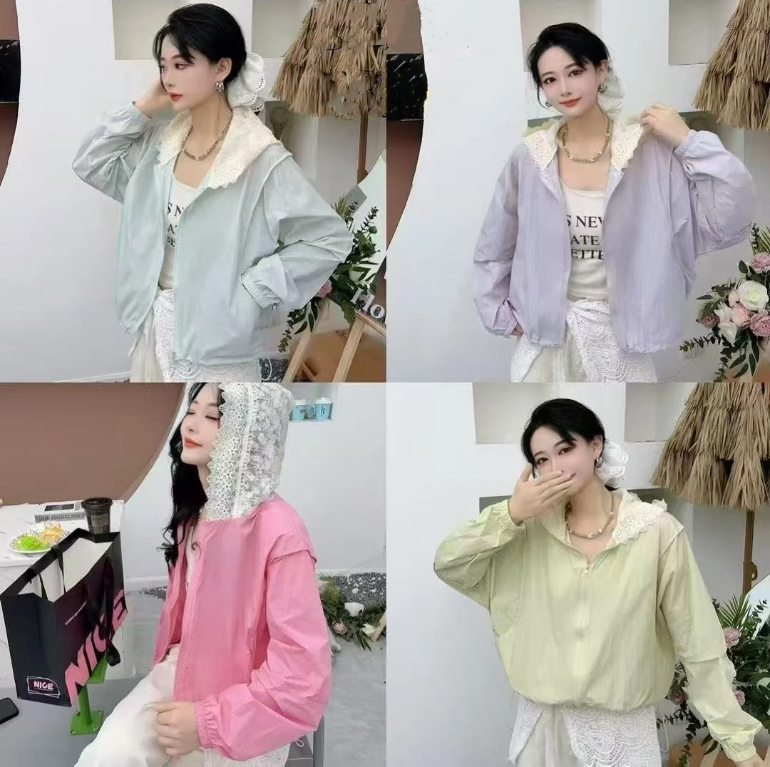 重工蕾丝拼接连帽防晒外套