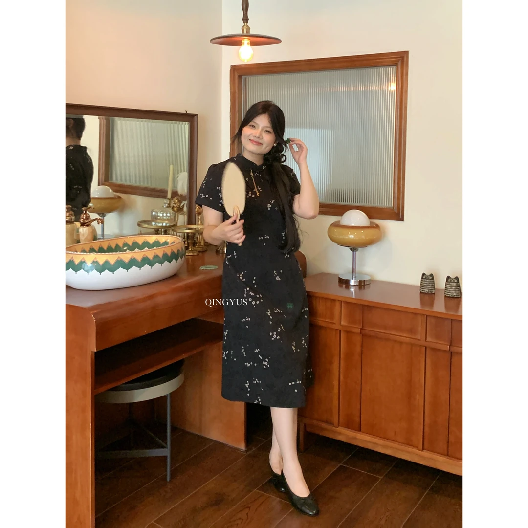 青屿衫-微胖复古旗袍碎花连衣裙宽松新中式A字裙显瘦春季大码女装