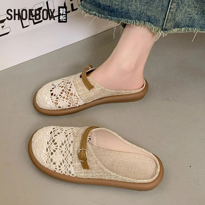 达芙妮集团旗下软底包头半拖鞋女夏外穿2025新款一脚蹬镂空渔夫鞋