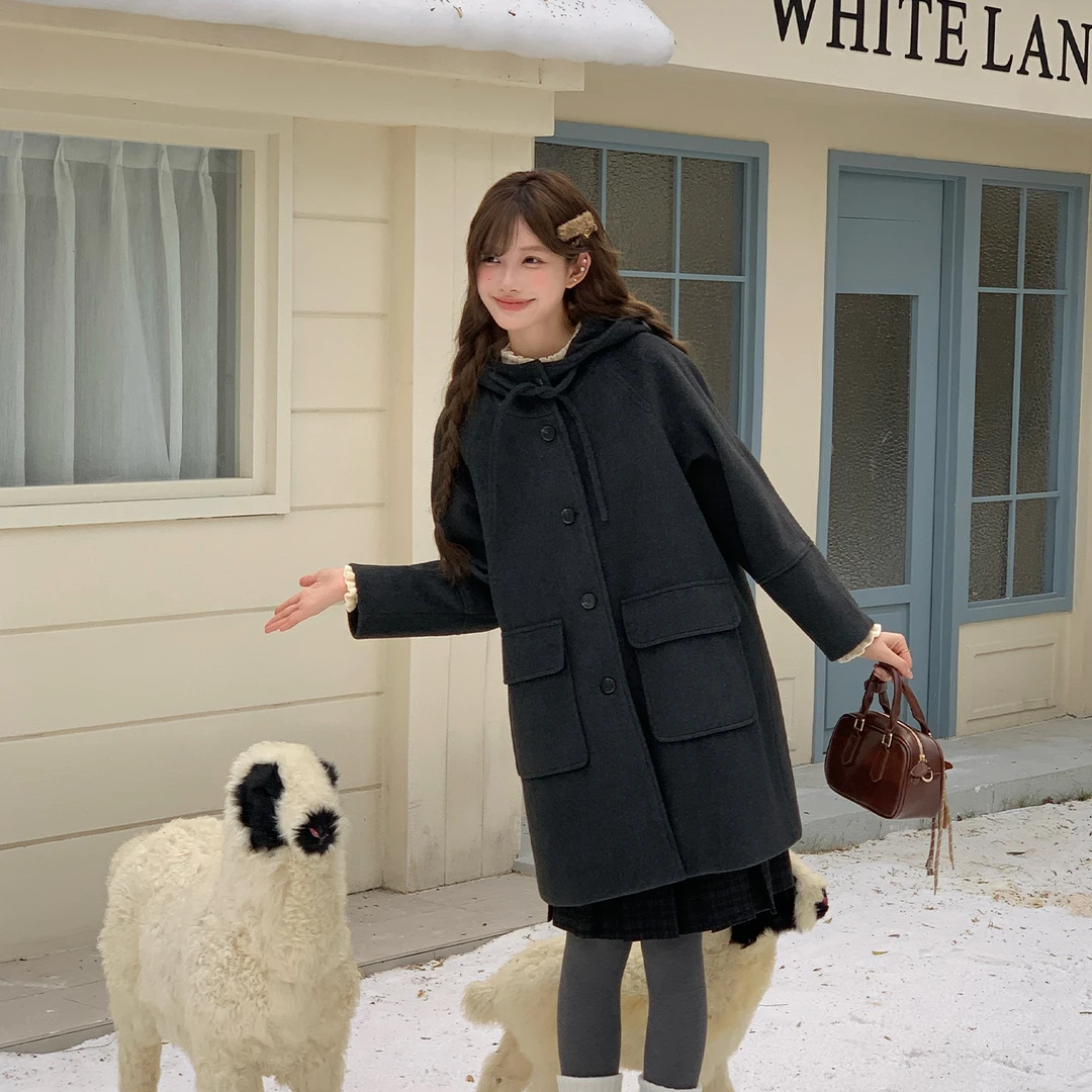 东京岁时记jk秋冬日系学院风灰色毛呢外套小个子中长款连帽大衣女