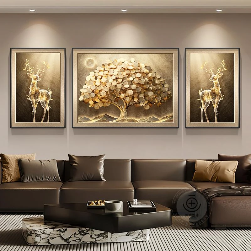 发财树大气客厅装饰画轻奢福鹿生财沙发背景墙挂画高级感三联壁画