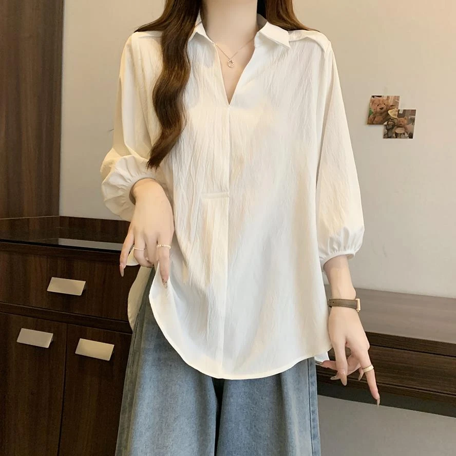 大码胖mm七分袖衬衫女夏季新款设计感小众百搭上衣宽松休闲衬衣潮