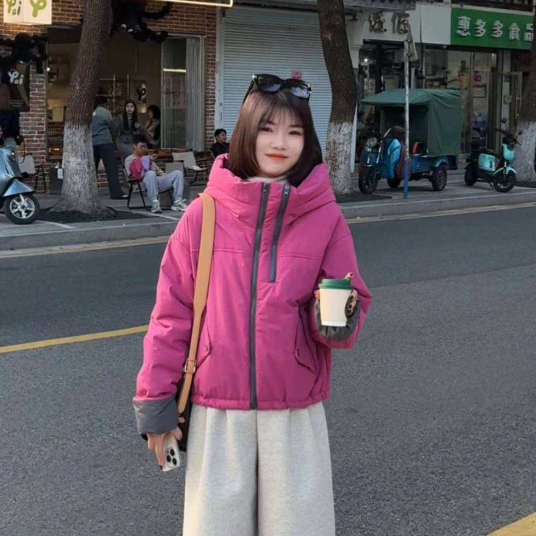 【双拉链棉衣】冬季连帽撞色三角贴布棉服百搭短款加厚棉衣外套