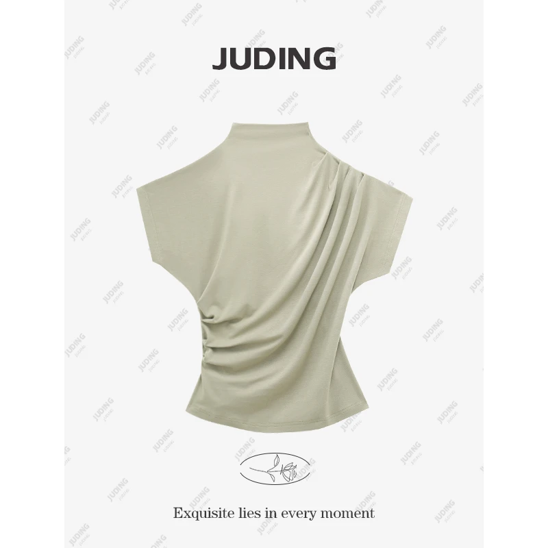 【松弛漫旅】2025夏季新款褶皱不对称无袖T恤女气质百搭上衣8179