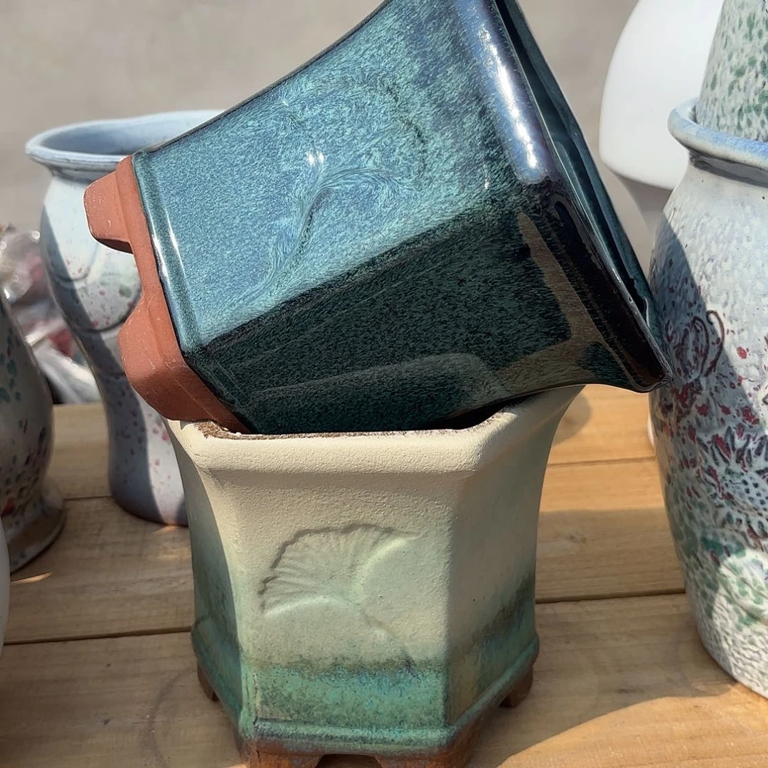 紫砂花盆精品六方两个口径18高度16