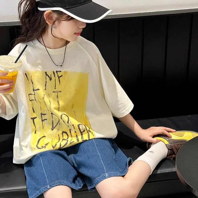 女童短袖t恤2025新款女大童韩版女孩洋气夏装儿童夏季宽松上衣潮T