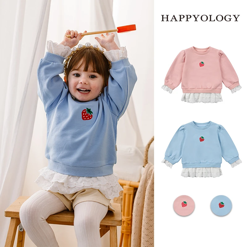 Happyology英国儿童春秋装新款女童花边童装毛线绣花草莓上衣卫衣
