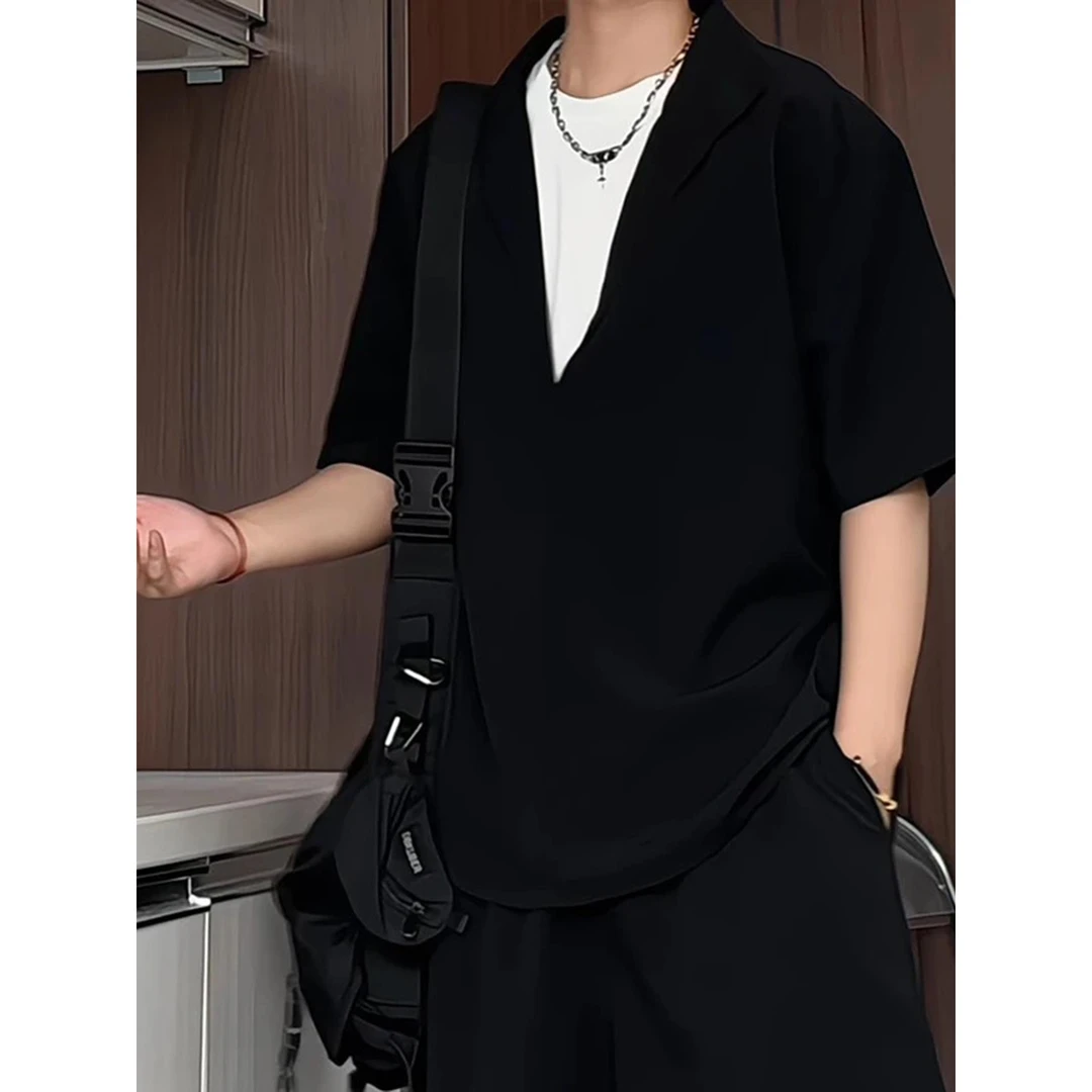 假两件黑色v领polo衬衫短袖男款夏季老钱风冰丝七分半袖衬衣外套