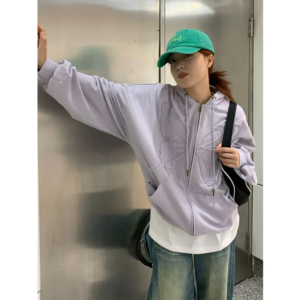 慵懒风复古连帽卫衣女春秋季松弛蝴蝶设计感小众外套宽松开衫上衣