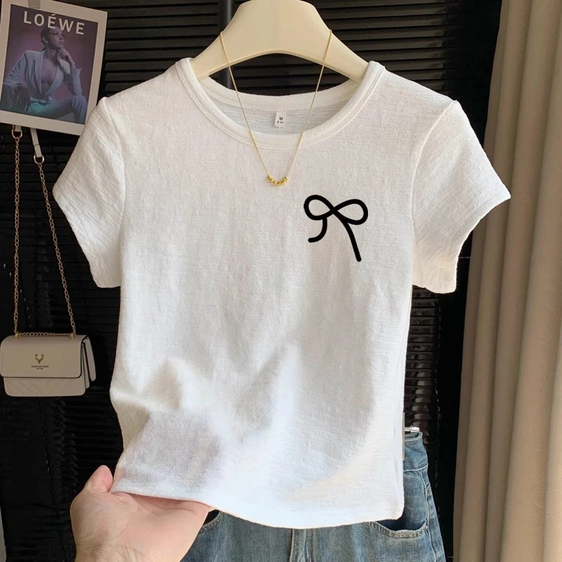 韩系正肩小众设计感肌理感短袖女圆领不撞款t恤棉纱甜辣短款短袖