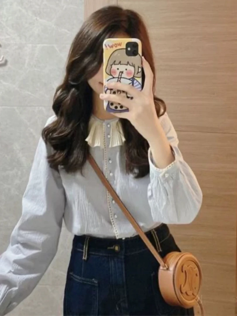 法式复古风娃娃领衬衫女长袖设计感小众蕾丝边减龄气质别致上衣潮