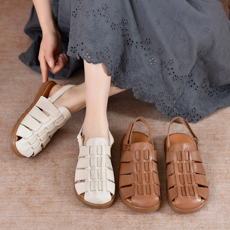 编织纯色包头凉鞋包头罗马凉鞋防滑夏季百搭镂空凉拖鞋真皮25310