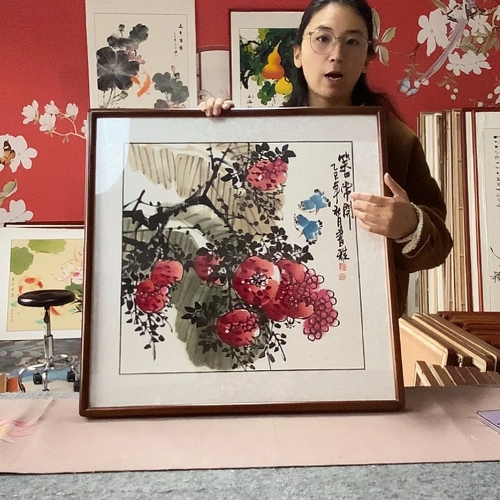 国画手写手绘带框包邮国画作品62✖️62