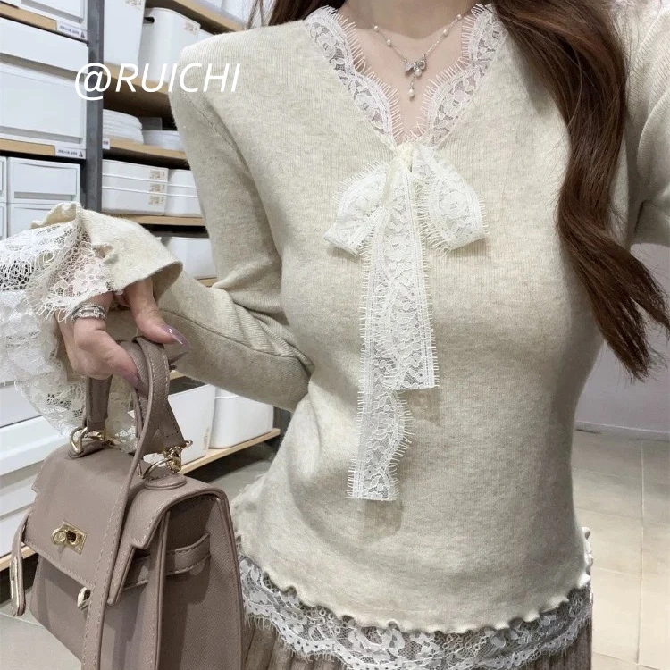 春季必备2025新款蕾丝蝴蝶绑带V领针织衫温柔风氛围感上衣