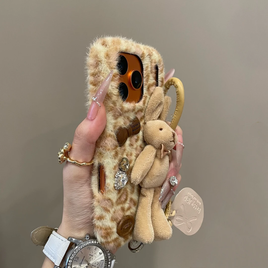 秋冬毛绒豹纹立体小兔适用iPhone17手机壳16pro高级感15pm新款14