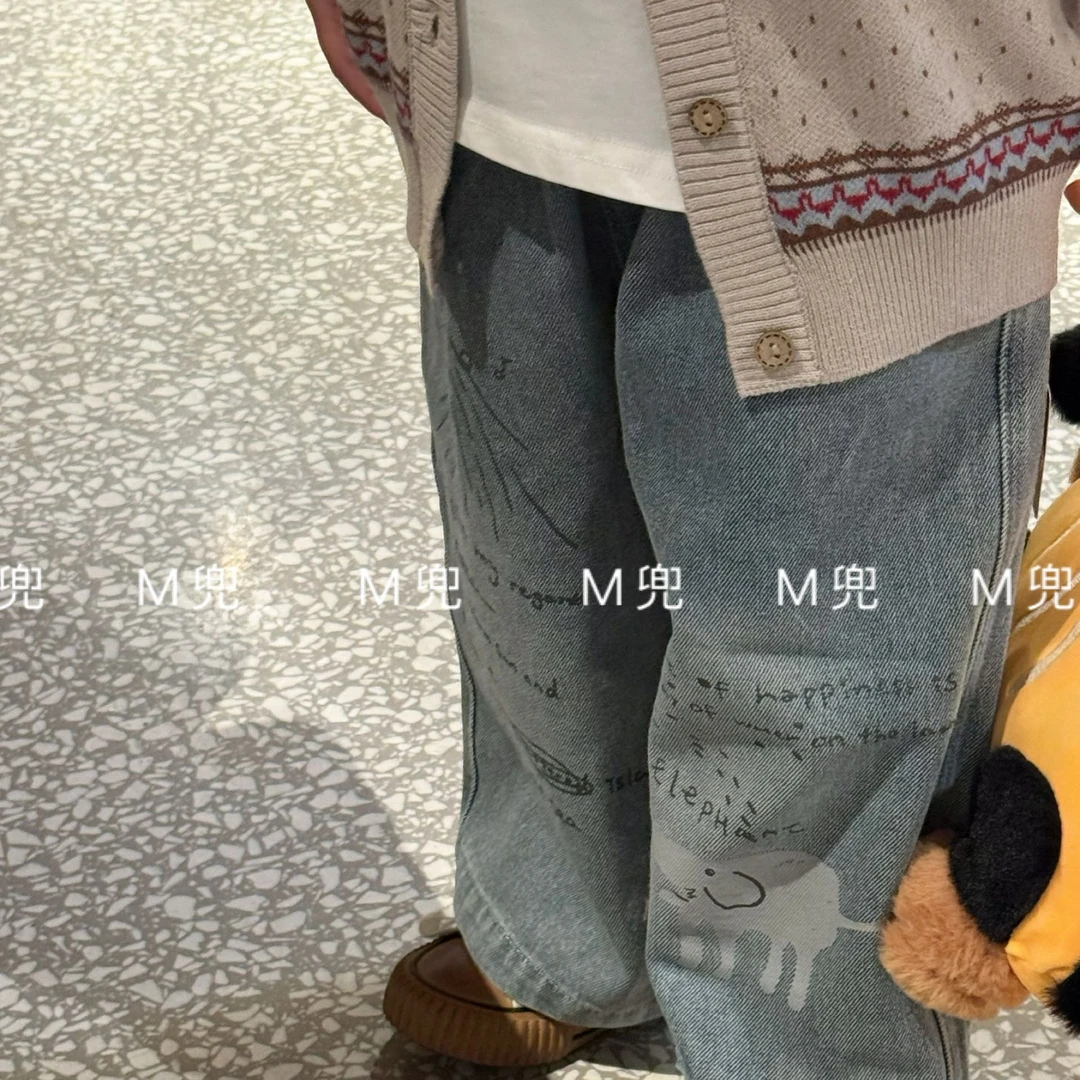 25年春季新款小象印花男女同款儿童 小童牛仔直筒裤