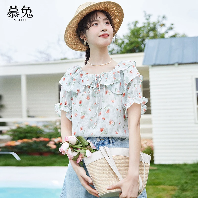 【小铃铛】TU18263甜美碎花蝴蝶结系带衬衫显瘦泡泡袖一字肩小衫